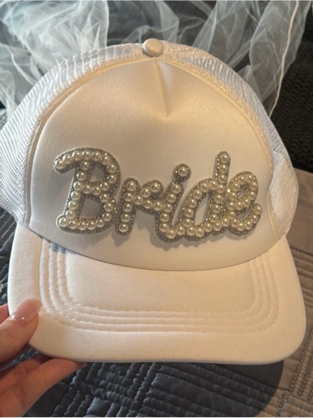 Bride Pearl Embellished Trucker Hat with mini veil- White
